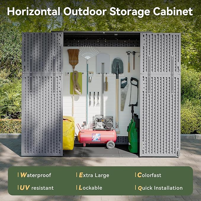 AOXUN Horizontal Storage Sheds 61 Cu.ft, HDPE Outdoor Storage Box 160 Gallon, Waterproof Lockable Resin Deck Box with Spring-Assisted Lid, Patio Storage for Garden, Pool, Cushions, Tools, Grey