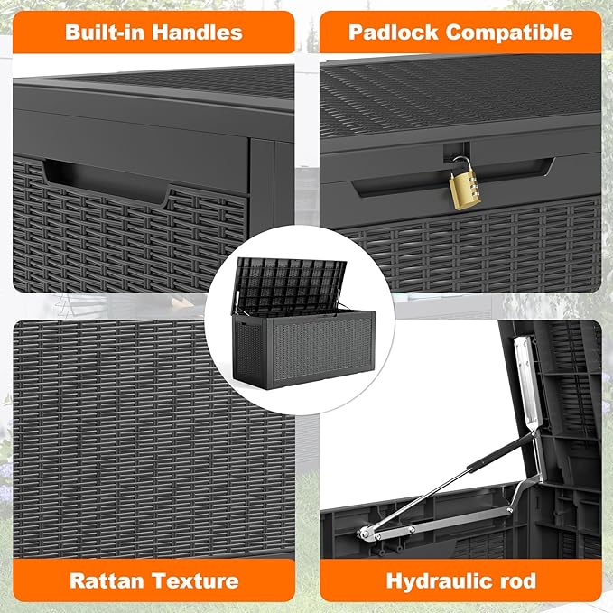 100 Gallon Outdoor Deck Box, Lockable Waterproof Outdoor Storage Boxes For Garden Tools,Indoor Cushions,Accessories Outside Storage Resin Weatherproof Container(Black)
