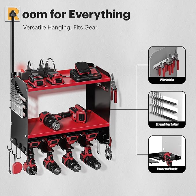 Power Tool Organizer Wall Mount with Charging Station, Tool Battery Holder with 4 Outlet Power Strip, 15 Min Assembly & Maximum 100lb Load by Heavy Duty Metal, 4 Slots for Cordless Drill
