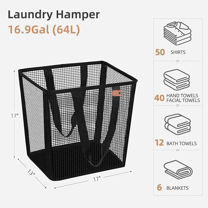 STORAGE MANIAC Collapsible Laundry Basket, 16.9 Gal. Large Pop-up Laundry Hamper with Long Carry Handles, Space-Saving Foldable Clothes Hamper with Bottom Elastic Band, Travel Laundry Bags, Mesh Black