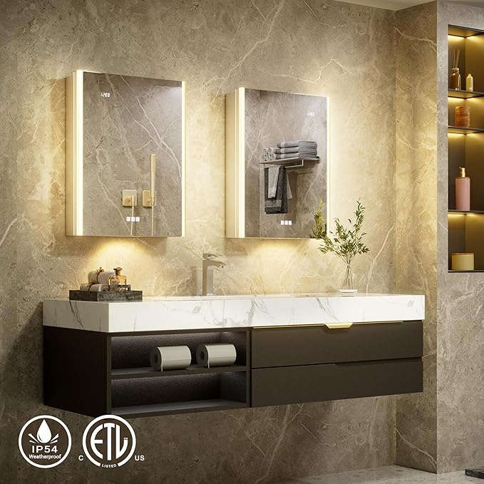 20x26 LED Bathroom Medicine Cabinet Mirror with Smart Night Lamp, Surface or Recessed Fogless Lighted Medicine Cabinet Mirror with Outlet &Clock,Built-in Sensor Light& Soft-Close Right-Hinge