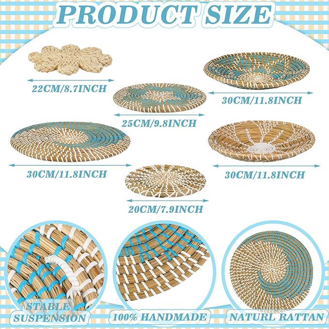 Xuhal 8 Pcs Boho Wall Basket Decor Decorative Bulrush Woven Basket Wall Decor Rustic Farmhouse Hanging Baskets for Kitchen Rustic Home Summer Decorations