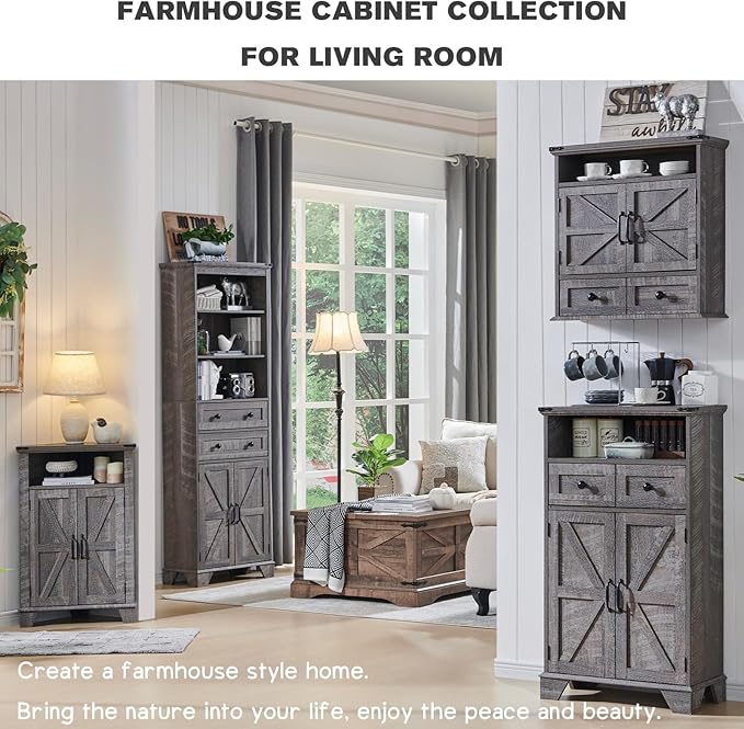ACCOHOHO Corner Bathroom Cabinet, Farmhouse Small Corner Cabinet with Barn Door & Adjustable Shelf, Storage Cabinets for Bathroom, Kitchen, Living Room, Grey Wash