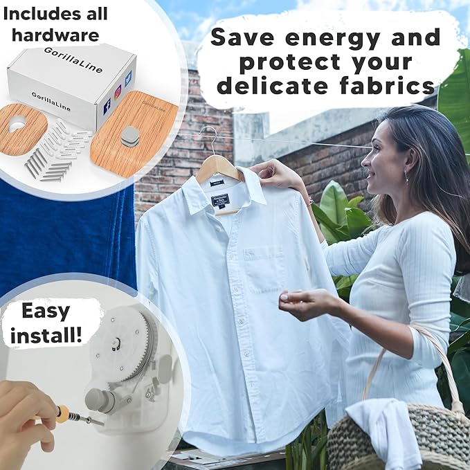GorillaLine - Retractable Clothesline Indoor Outdoor Clothes Line - Heavy Duty Clothes Drying Laundry Line - Wall Mounted Drying Rack - Air Dry Clothing