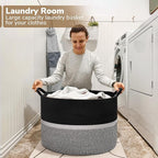 CHICVITA Extra Large Laundry Basket, Woven Rope Blanket Basket for Towels, Clothes, Toy Storage, Pillow Basket for Living Room, Family Room, 22 x 22 x 14 inches, Black