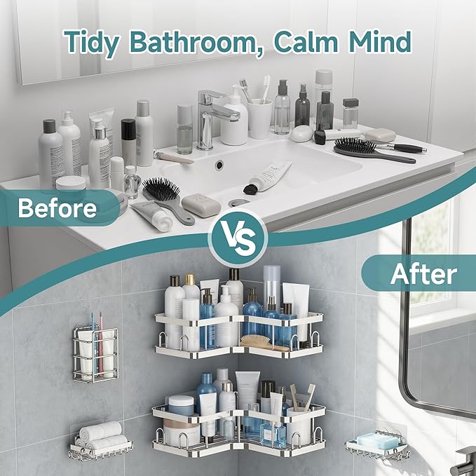 Veken Corner Shower Caddy 5-Pack, Advanced Rustproof Design, No Drilling Adhesive Shelves, Rack with Soap Holder, Large Capacity Bathroom Organizers and Storage, Wall-Mounted Kitchen&Home Decor,Silver
