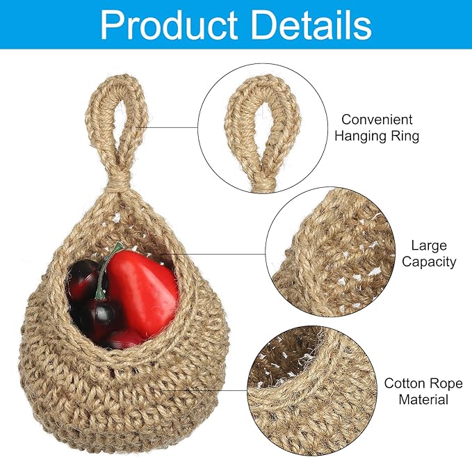 PATIKIL Hanging Fruit Baskets for Kitchen, Mini Size Teardrop Home Decor Storage Hand-Woven Wall Hanging Basket for Garlic Potato Vegetable, Brown