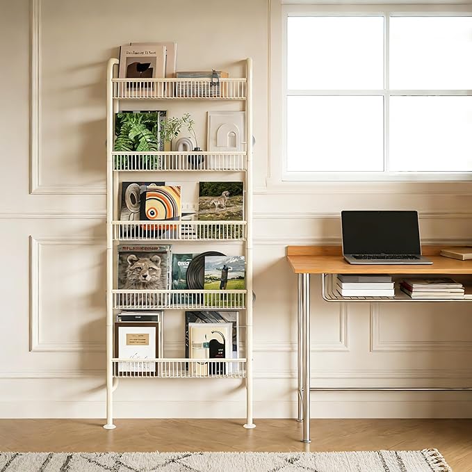 Behind The Door Narrow Bookshelves Pantry Spice Rack 5-Tier Slim Metal Space-Saving Organizer for Bathroom Closet Kitchen Living Room Sturdy Room Laundry Room, White
