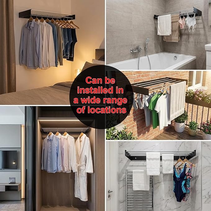 Legines Wall Mounted Clothes Drying Rack 32", Foldable Wall Mount Laundry Rack Folding Indoor, Drying Rack Clothing Collapsible, Hidden Space Saver with Wall Template, 5 Rods, Black （HOU ）