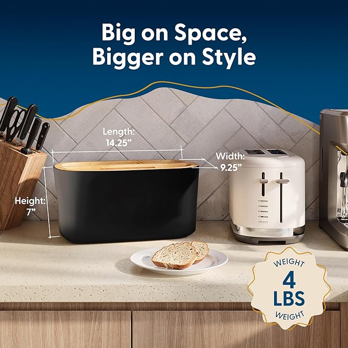 Sonder Los Angeles Union Large Bread Box | Fits Full Sourdough Loaves and More | Breadbox with Cutting Board | Homemade Bread Bin Storage Container | 14.25x9.25x7 in | Black