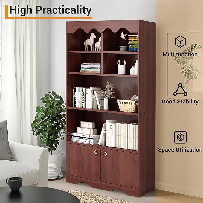 CABIHOME 63" Tall Bookshelf with Cabinet, 5-Tier Wood Bookcase with Wave Top, 6 Cubes & 2 Door Cabinets, Modern Display Storage Shelves with Gold Handles for Living Room, Bedroom & Home Office, Walnut
