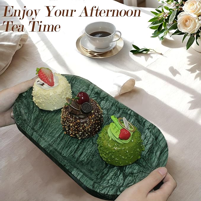Genuine Real Natural Marble Tray for Bathroom, Luxury Indian Green Stone Vanity Tray, Decorative Oval Trays for Countertop Storage Organizer, Dresser, Kitchen, Home Decor, 11.8" x 6", Green