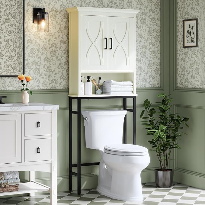 Over The Toilet Storage Cabinet, Over The Toilet Cabinet with Doors, Over Toilet Bathroom Organizer Above Toilet Storage Cabinet with Inner Adjustable Shelf and Anti-Tip Device, Cream White