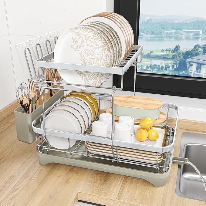 2-Tier Dish Drying Rack for Kitchen Counter, 304 Stainless Steel Dish Rack with Adjustable Drainboard, Removable Utensil Holder & Water Tray, Grey