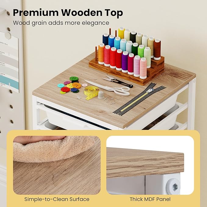 GOFLAME 10-Drawer Rolling Storage Cart, Craft Storage Cart with Wooden Tabletop and Lockable Wheels, Art Cart Supply Storage Organizer with Metal Frame for Home Office Classroom, White