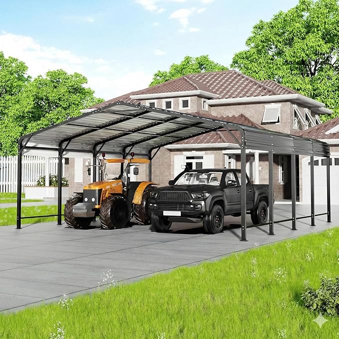 20x20 FT Metal Carport with Heavy Duty Carport Canopy, Car Port with Reinforced Base and Five Canopy Beams, 2 Car Garage Shelter for Car, Boats and Truck