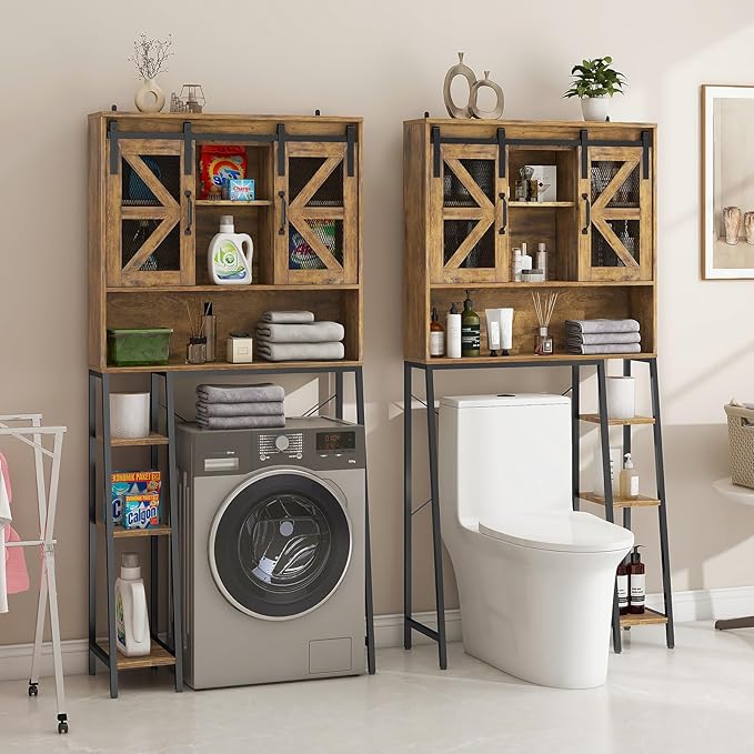 Vabches Over The Toilet Storage Cabinet, Farmhouse Storage Cabinet Over Toilet with Sliding Barn Door，Home Space-Saving Toilet Rack, for Bathroom, Restroom, Laundry，Brown