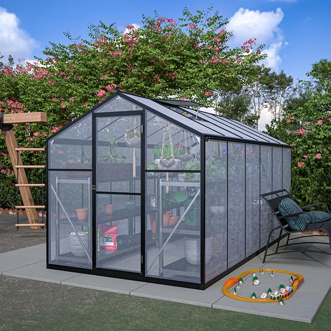 Polycarbonate Greenhouse for Outdoors, Large Walk-in Aluminum Frame Greenhouse with Lockable Door, Adjustable Roof Vent, UV Protection, Weather-Resistant for Garden Backyard (Black,6x12 FT)