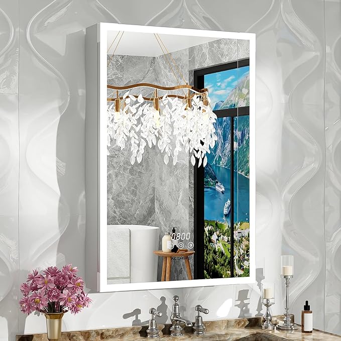 20"×30" Bathroom Mirror Cabinet, Recessed Lighted Medicine Cabinet with Mirror, Dimmable 3 Color Lights, Clock & Room Temp Display, Defogger, LED Bathroom Cabinet with Storage, Left Hinge