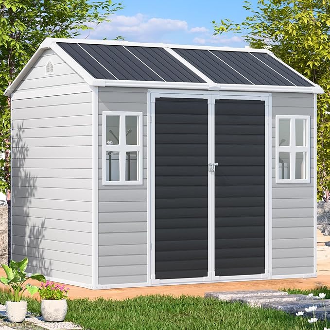 WACASA 8x6 FT Resin Plastic Shed with Floor, Heavy-Duty 21-Gauge Reinforced Steel Frame, 16mm Ultra-Thick Panels, Outdoor Storage Sheds with Windows and Air Vents