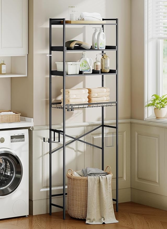 4 Tier Over The Toilet Storage Shelf with 3 Adjustable Shelves, Space Saver Bathroom Organizer with 4 Hooks, Freestanding Above Toilet Rack for Restroom Laundry (Black)