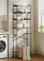 4 Tier Over The Toilet Storage Shelf with 3 Adjustable Shelves, Space Saver Bathroom Organizer with 4 Hooks, Freestanding Above Toilet Rack for Restroom Laundry (Black)
