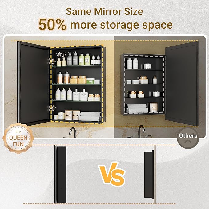 30x26 Pre-Assembled Black Medicine Cabinet with Mirror, Surface or Recessed Medicine Cabinet Mirror for Bathroom, Aluminum Beveled Frame Bathroom Vanity Mirror with Adjustable Shelves Storage