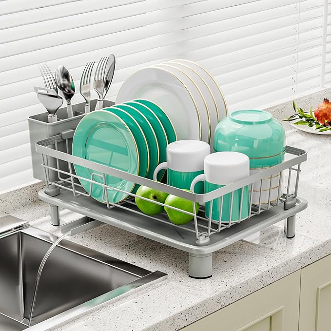 Dish Drying Rack, Stainless Steel-Dish Rack, Dish Racks for Kitchen Counter, Kitchen Dish Drainers with Removable Utensil Holder,New Drain Outlet,Plate Rack and Drainboard,(gray-11 W x 15" L)