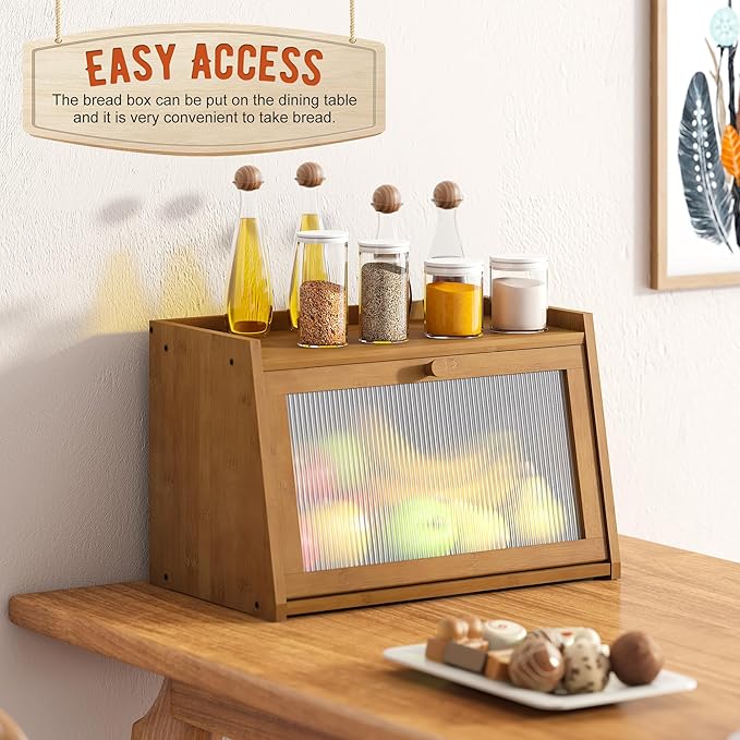 GHWIE Large Bread Box, Easy Access & Cleaning - Bamboo Bread Box for Kitchen Countertop with Acrylic Door (Coffee, Medium)