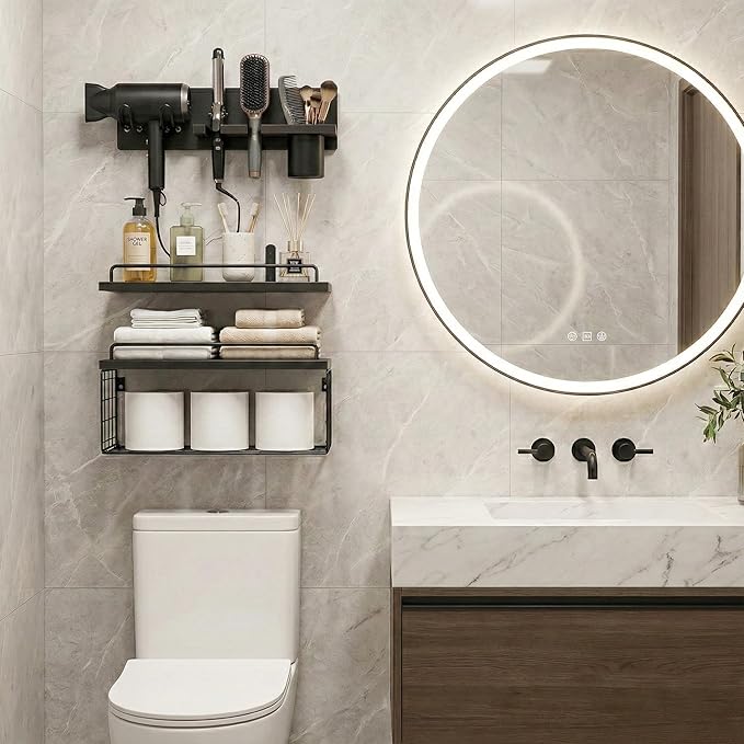 Wall Mounted Bathroom Organizer Shelves Over Toilet, 3-Tier Rustic Wooden Floating Shelf with Metal Basket and Hair Care Styling Tool Holder for Toilet Paper, Towels & Toiletries, Bathroom Decor