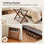 Fully Assembled Walnut Luggage Racks Set of 2, Bamboo Luggage Rack Stand for Guest Room, 5 Nylon Straps, 26.77" Folding Suitcase Stand with Storage Shelf for Bedroom Hotel, Holds up to 165 Lbs