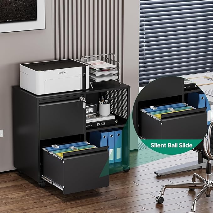 Letaya Mobile File Cabinet, Metal Lateral Rolling Printer Stand Filing Cabinets with Shelves for Home Office-Storage A4/F4 (Black)