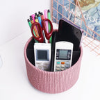 Hennaja Round Leather Art Supply Organizer,Remote Control Holder,360 Degree Spinning,Multi-Functional Pencil Holder,4 Compartments Desktop Stationary Organizer(1-Wood Pink)