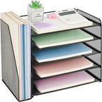 OPNICE Desk Organizer, 5-Tier Paper Organizer Letter Tray with Magazine Holder, Office Desk Accessories & Workspace Organizers, Desktop File Organizer for Office Supplies Storage, Black