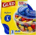 Glad GladWare Big Bowl Food Storage Containers with Lids, Large Round BPA Free Plastic Containers for Soups, Salads, and Meal Prep, Lock Tight Seal, Microwave Dishwasher Safe, 48 Oz, 3 Count
