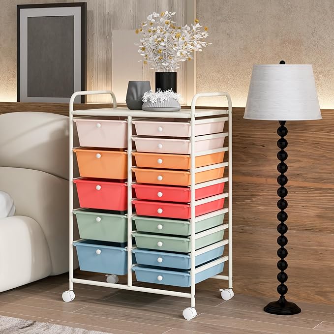 RELAX4LIFE 15-Drawer Storage Drawer Carts - Mobile Rolling Utility Cart w/Wheels, Craft Organizer for Classroom Organization and Storage, School, Office, Home, Storage Organizer Cart (Macaron)