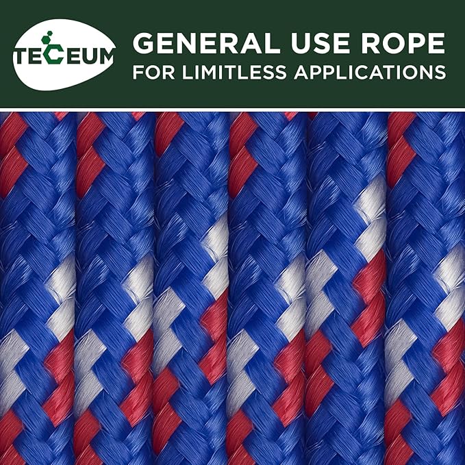TECEUM Rope – 150 Feet x 1/4 Inch (7mm) – Patriot Mix – Strong All-Purpose Utility Rope – Camping, Crafting, Flag Pole, Indoor & Outdoor – Polypropylene Nylon Poly Lightweight Diamond Braided Cord