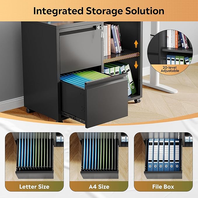 DEVAISE Lateral File Cabinet with 2 Drawers, Mobile Metal Filing Cabinet with Lock for Home Office Storage, Printer Stand with Adjustable Shelf - Black