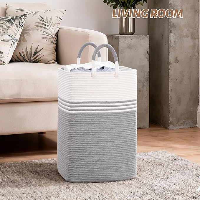 Laundry Basket Hamper,Blanket Storage,Dirty Clothes Hamper with Swivel Handles,Woven Cotton Rope Toy Baskets,Blanket Basket Living Room,Decorative Hampers for Nursery,Bedroom,White & Gray,100L