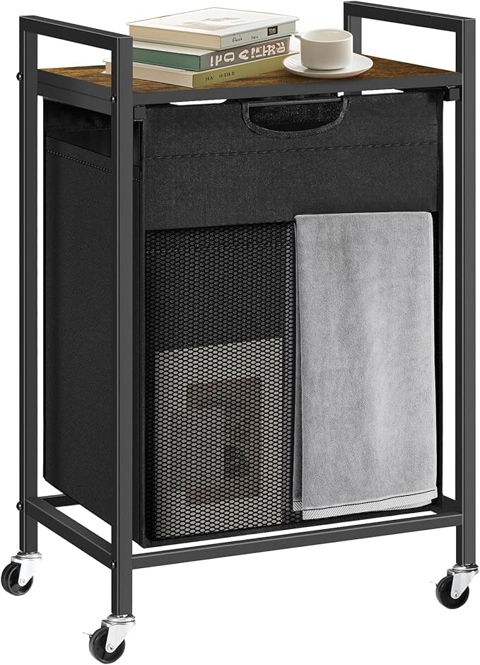Laundry Hamper with Shelf, Laundry Basket with 1 Pull-Out Removable Bags, 1 x 18.3 Gallons(69L), Metal Frame, Lockable Wheels, for Laundry Room and Bedroom