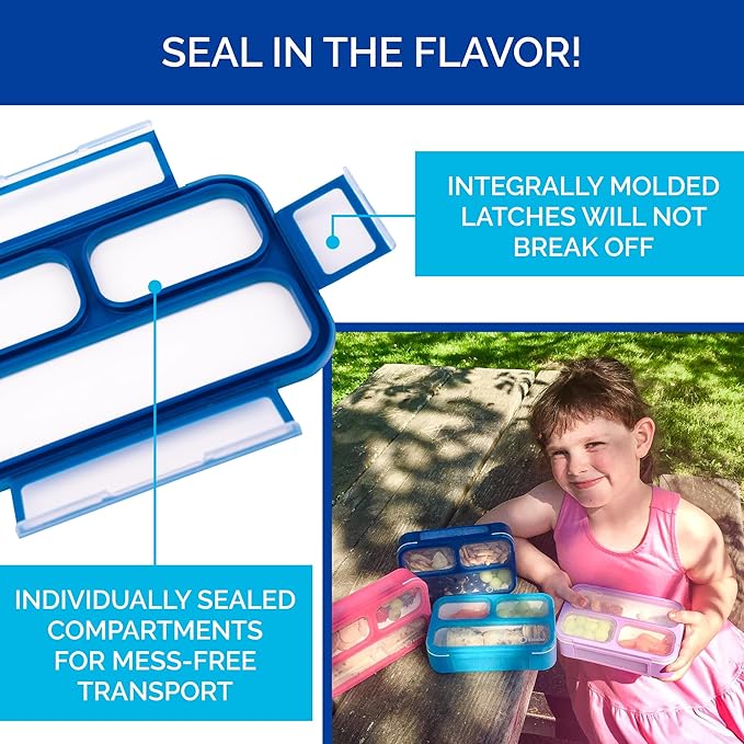 Small Snack Containers for Kids Toddlers - 3 Compartments (Set of 2) - Leak-proof Reusable Snack Boxes with Lids - BPA-Free Mini Bento Lunch Box - Ideal for School, Daycare, Holds 2 Cups (Navy + Blue)