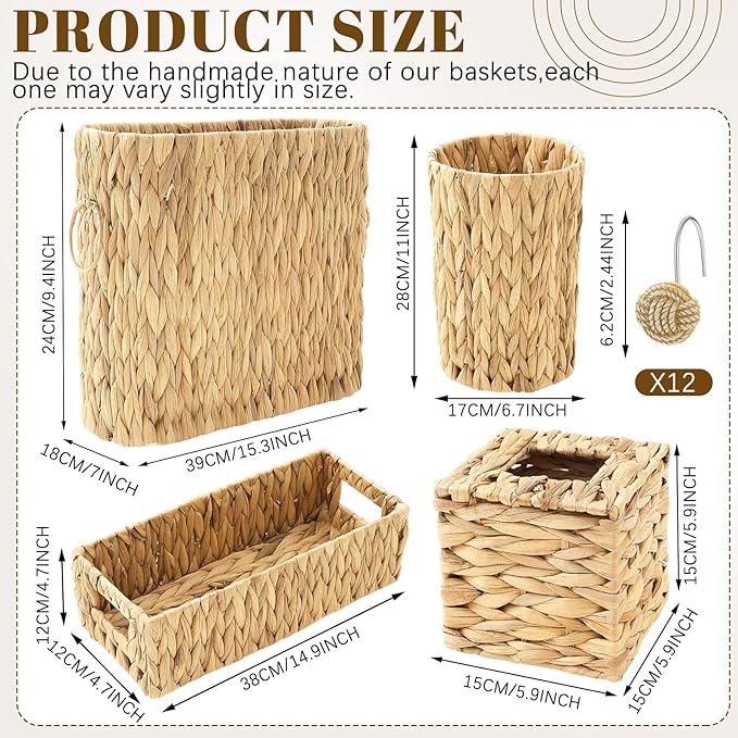 Remerry 16 Pcs Wicker Bathroom Set Toilet Paper Storage, Wicker Tissues Box Holder, Toilet Tank Basket, 2 Gallon Round Trash Can, Shower Curtain Hook, Handwoven Waste Basket for Bedroom, Kitchen, Home