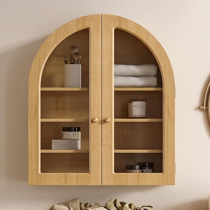 Modern Arched Wall Cabinet, Large Bathroom Medicine Wall Mounted Cupboard, Farmhouse Floating Storage Cabinet with Acrylic Door Adjustable Shelf, Wood Organizer (Natural Oak)
