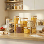 42oz - 4 Pack Square Glass Jars with Bamboo Lids, Glass Food Storage Containers with Airtight Lids for Kitchen, Air Tight Pantry Storage Containers for Cereal, Pasta, Rice, Sugar, Coffee, Spice