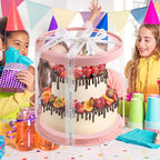 JCD Pink Multi-Layer 10 * 10 Inch Round Clear Cake Boxs with Ribbon,6 Pack Tall Transparent Packaging Cake Containers PET Cake Carrier Box for Birthday (Pink, Round 10inch/6pcs)