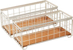 Metal Wire Storage Basket, Toilet Paper Roll Holder Wood Base Countertop Decor Box Toilet Tank Shelf Cabinet Organizer for Bathroom Pantry Garage Bedroom Livingroom (Cream White (2 Pack))