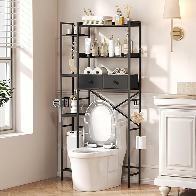 Over The Toilet Storage Shelf with Drawer, 7-Tier Above Toilet Bathroom Organizer with Adjustable Side Shelves, Space Saver Freestanding Rack with Holder & Hook for Laundry Kitchen (Black)