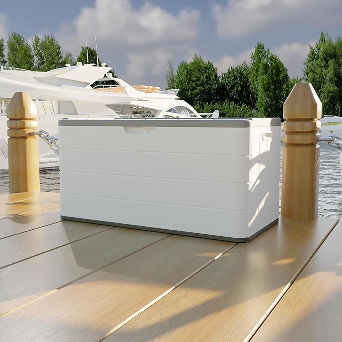 110 Gallon Deck Box Waterproof,Double-Wall Resin Outdoor Storage Boxes, Deck Storage for boat slip storage,Cushions, Pool Float, Garden Tools,Patio Furniture, Lockable (OFF-WHITE)