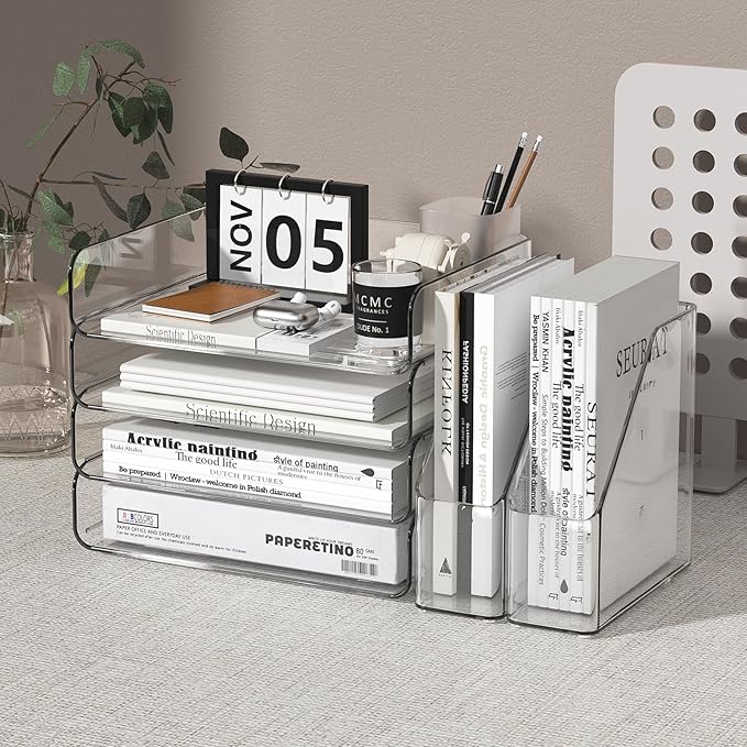 4-Tier Horizontal Acrylic Paper Tray Organizer with Bookends | Clear Stackable Desk Organizer for Documents, Letters, A4 Paper | Modern Office/Classroom/Home Organization
