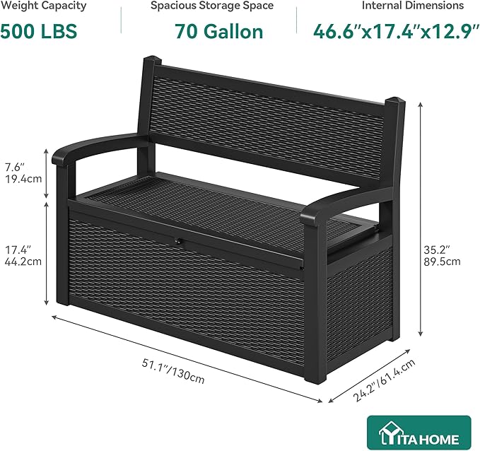 YITAHOME 70 Gallon Deck Bench with Storage, Outdoor Storage Box Bench with Armrests for Patio Garden Pool Porch, Waterproof&Lockable, Black